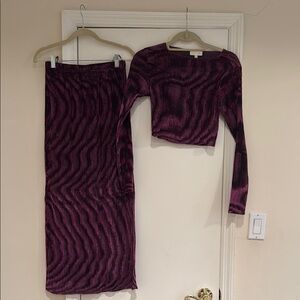 Purple pink Long Sleeve Crop Top and Skirt Set